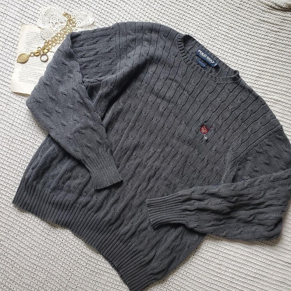 Mens polo golf embroidered emblem cable knit pattern sweater
